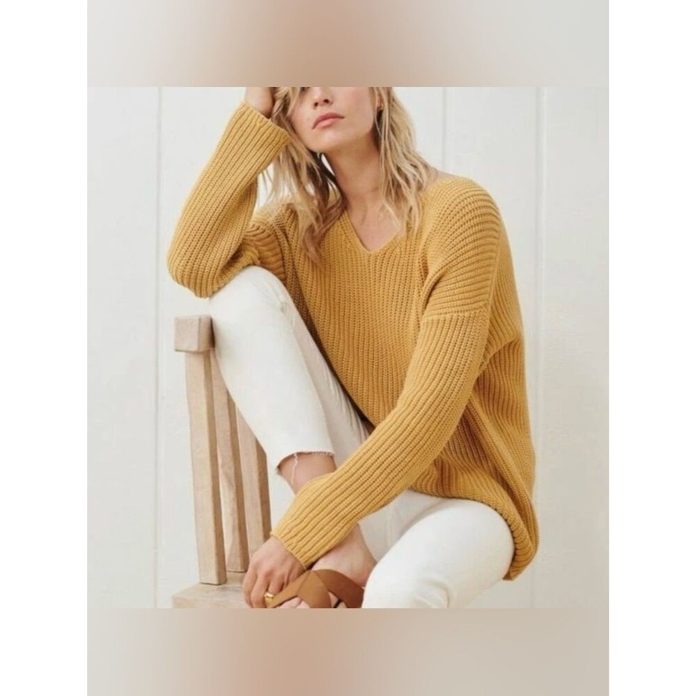 Jenni Kayne Cotton Cabin Knit Pullover Sweater Oversized Mustard Yellow